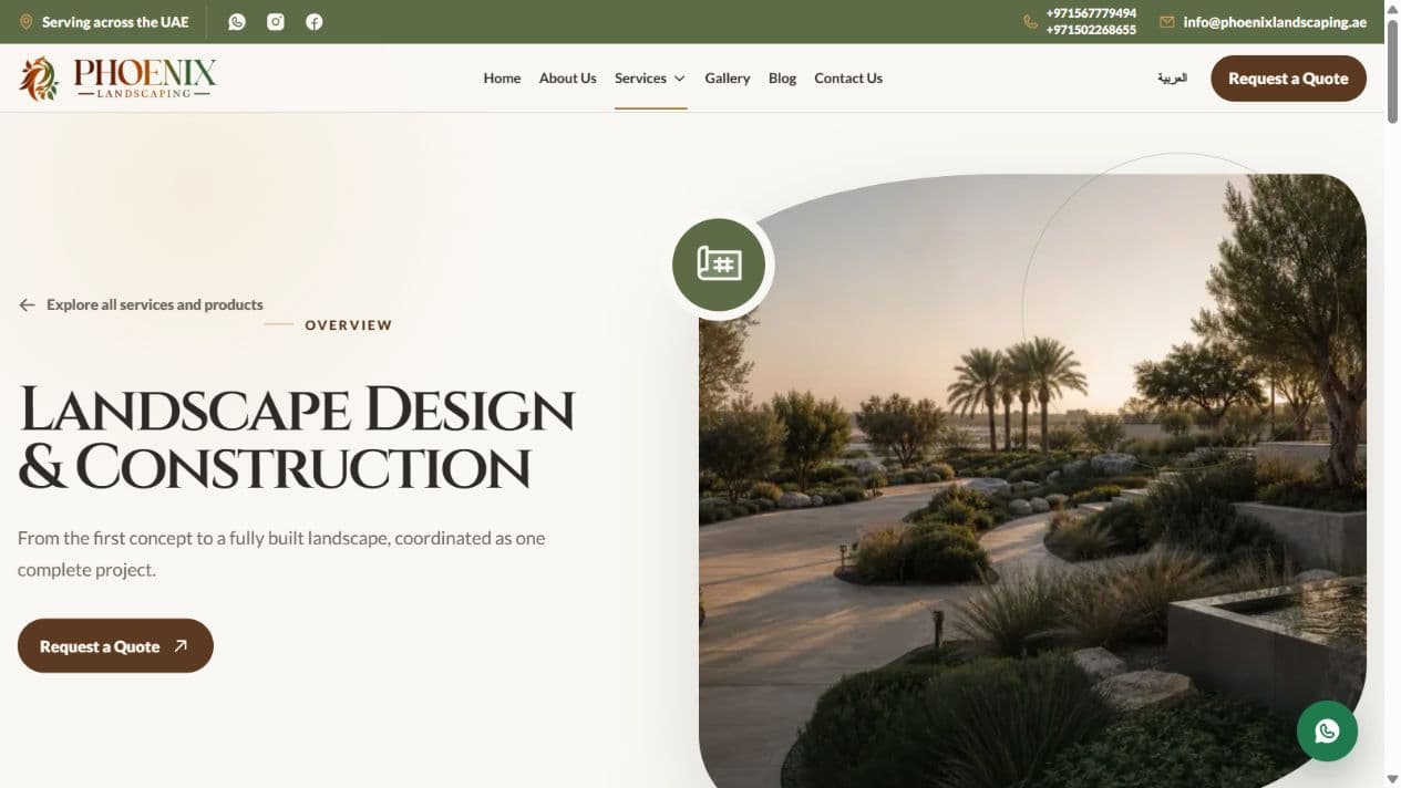Phoenix Landscaping service page with a detailed landscape design overview