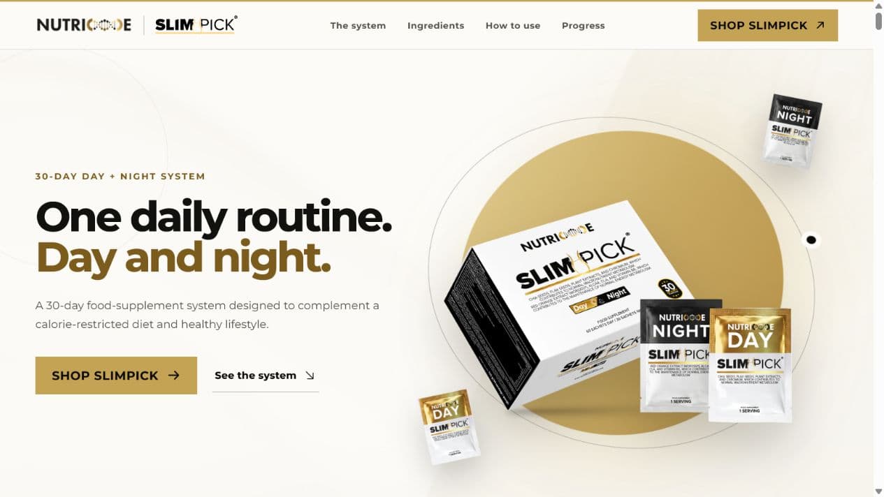SlimPick homepage showing the Day and Night product system beside the product box and sachets